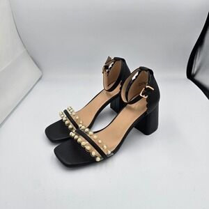 Black Heels Women's Ankle Strap Sandals Clear Pearl‎ Square Toe Block Heel Shoes